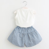 Girls Print Face White Tank and Plaids Shorts Two-Piece Outfit