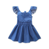 Girls Ruffles Sleeves Backless Blue Denim A-line Dress