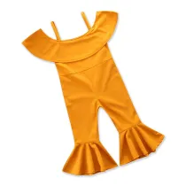Girls Yellow Slip Off The Shoulder Flared Jumpsuits