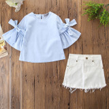 Mommy and Me Bell Sleeves Blouse and White Denim Skirt Two-piece Outfits With Hairband