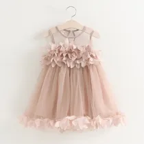 Girls Flower Petals Mesh Sleeveless Dress