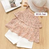 Girls Print Flowers Vest and White Hollow Out Shorts Two-Piece Outfit With Hat
