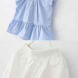 Girls Ruffles Sleeveless Blouse and White Pant Two-Piece Outfit