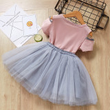 Girls Prints Rabbit Pompoms Cold-Shoulder Blouse and Tutu Pearls Skirt Two-Piece Outfit