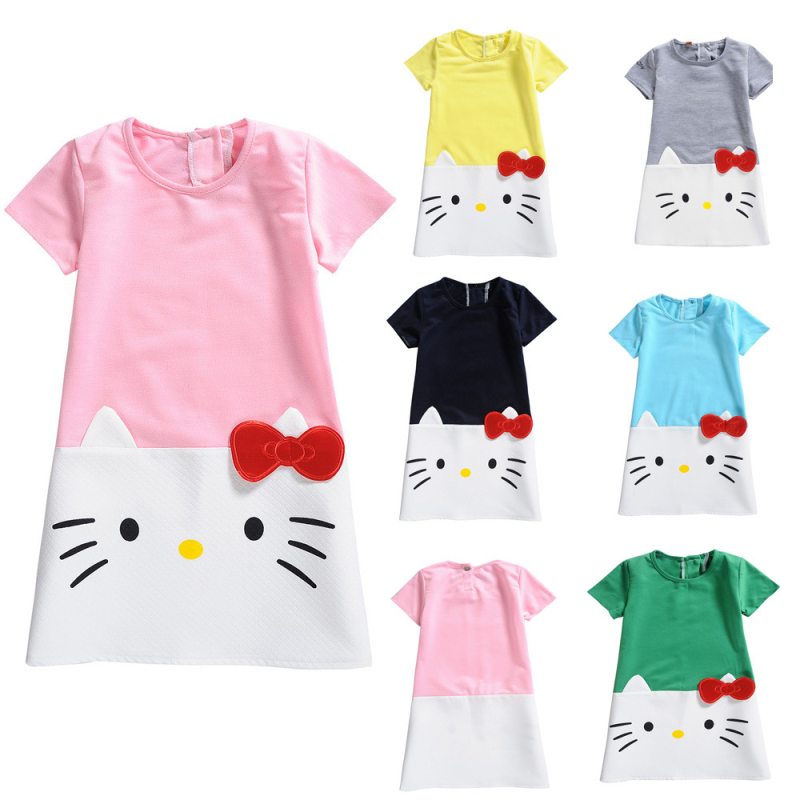Summer Pure Cotton Cute Cartoon Mouse and Cat Pattern Fly Sleeves Dress for Stylish Girls