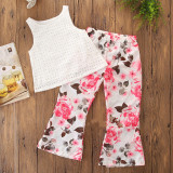 Girls Hollow Out Sleeveless Blouse and Flared Flowers Pant Two-Piece Outfit
