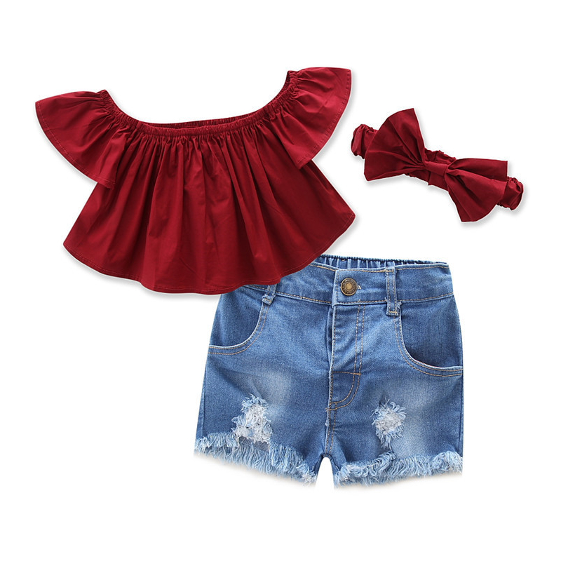 Girls Red Off The Shoulder Blouse and Ripped Shorts Whit Hairband Two-Piece Outfit
