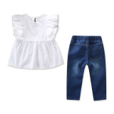 Girls White Ruffles Blouse and Pearls Denim Jeans Two-Piece Outfit