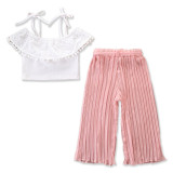 Girls White Cut Out Pompom Straps Tops and Pink Folded Pants Two-Piece Outfit