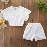 Girls White Hollow Out Flowers and Shorts Two-Piece Outfit
