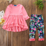 Girls Pink Ruffles Long Sleeves Top and Print Flowers Pant Two-Piece Outfit