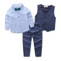 Boys 4-Piece Outfits Blue Long Sleeves Shirt Match Denim Vest and Jeans Pant Dressy Up Clothes
