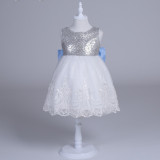 Girls Silver Sequins Tutu Bowknot Lace Sleeveless Princess Dress