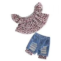 Girls Ruffles Off the Shoulder Leopard Print Blouse and Ripped Shorts Two-Piece Outfit