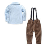 Boys 3-Piece Outfits Blue Long Sleeves Shirt and Plaids Suspender Pant Dressy Up Clothes