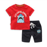 Boys Print Shark T-shirts and Slogan Short Two-Piece Outfit