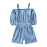 Girls Straps Short Sleeves Denim Jumpsuits