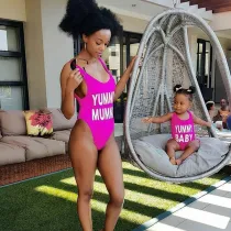 Mommy and Me Print Slogan Pink Swimsuit