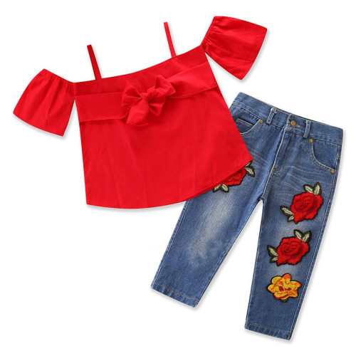 Girls Red Bowknot Straps Blouse Top and Embroidery Jeans Two-Piece Outfit