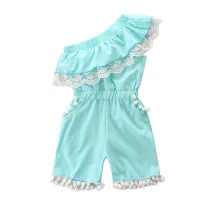 Girls Blue Pompoms One Shoulder Romper Jumpsuits