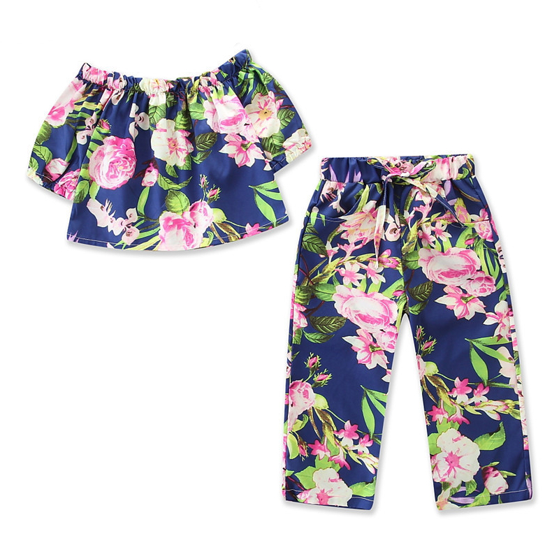 Girls Flowers Off The Shoulder Blouse and Pant Two-Piece Outfit