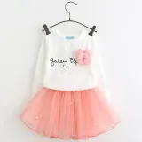 Girls Slogan Long Sleeves Tee and Pink Pearls Tutu Skirt Two-Piece Outfit