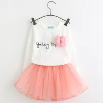 Girls Slogan Long Sleeves Tee and Pink Pearls Tutu Skirt Two-Piece Outfit