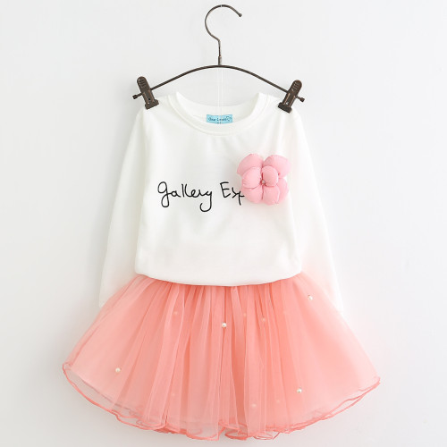 Girls Slogan Long Sleeves Tee and Pink Pearls Tutu Skirt Two-Piece Outfit