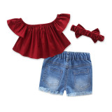 Girls Red Off The Shoulder Blouse and Ripped Shorts Whit Hairband Two-Piece Outfit