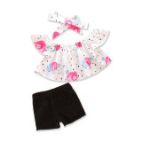 Girls Flowers Off The Shoulder Blouse and Shorts With Hairband Two-Piece Outfit