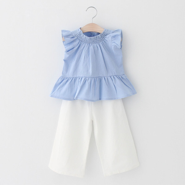 Girls Ruffles Sleeveless Blouse and White Pant Two-Piece Outfit