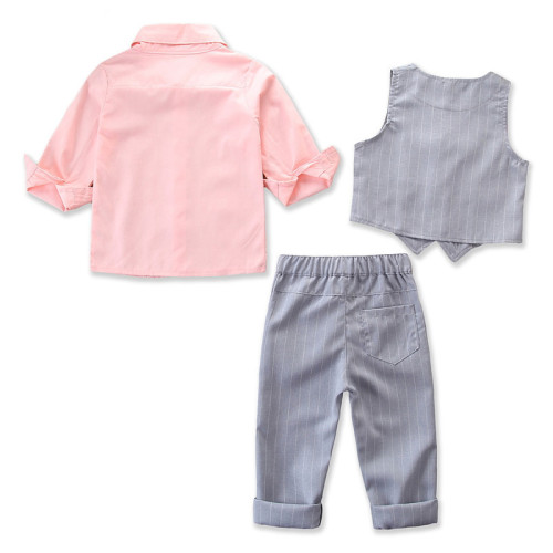 Boys 4-Piece Outfits Pink Long Sleeves Shirt Match Vest and Stripes Pant Dressy Up Clothes