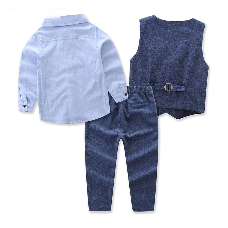 Boys 4 Piece Outfits Blue Long Sleeves Shirt Match Denim Vest And