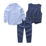 Boys 4-Piece Outfits Blue Long Sleeves Shirt Match Denim Vest and Jeans Pant Dressy Up Clothes