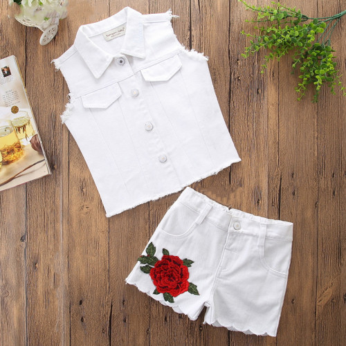 Girls White Denim Vest Top and Embroidery Denim Shorts Two-Piece Outfit