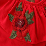 Girls Embroidery Rose Straps Ruffles Blouse and Flared Pant Two-Piece Outfit
