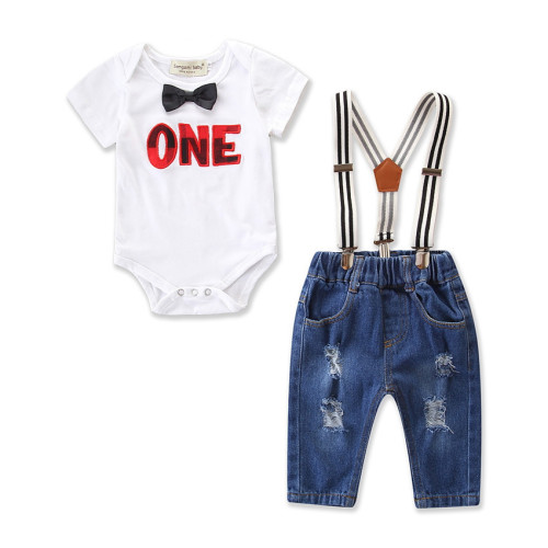 Baby Boy Print One Bodysuit and Overall Jeans Two Pieces Outfits