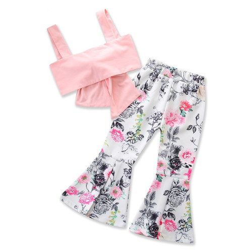Girls Pink Bowknot Straps Top and Flowers Flared Pants Two-Piece Outfit