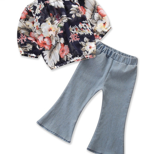 Girls Flowers Blouse and Flared Jeans Two-Piece Outfit