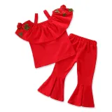 Girls Embroidery Rose Straps Ruffles Blouse and Flared Pant Two-Piece Outfit
