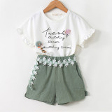 Girls Ruffles Short Sleeves Slogan T-shirt and Lace Shorts Two-Piece Outfit