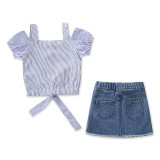 Girls Straps Stripes Blouse and Embroidery Rose Skirt Two-Piece Outfit