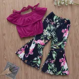 Girls Ruffles Pompom Blouse and Print Flamingos Flared Pant Two-Piece Outfit
