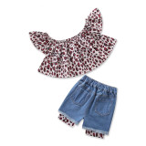 Girls Ruffles Off the Shoulder Leopard Print Blouse and Ripped Shorts Two-Piece Outfit