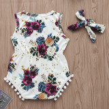 Baby Girl Print Flowers Pompom Bodysuit With Haiband