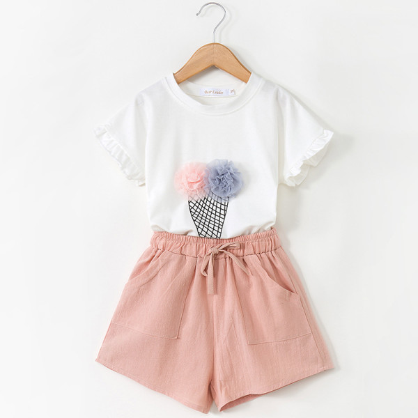 Girls Print Ice-cream Ruffles Sleeves T-shirt and Pink Shorts Two-Piece ...