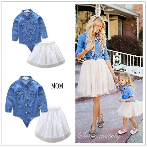 Mommy and Me Denim Tie Up Blouse and Tutu Skirt Two-piece Outfits
