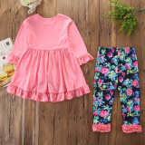 Girls Pink Ruffles Long Sleeves Top and Print Flowers Pant Two-Piece Outfit