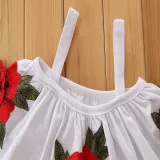 Girls Embroidery Rose Straps Ruffles Blouse and Flared Pant Two-Piece Outfit
