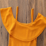 Girls Yellow Slip Off The Shoulder Flared Jumpsuits